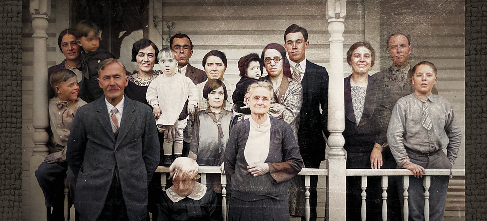 The family gathered on a porch, from the cover of the book